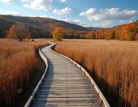 Wood path leads to colorful autumn forest trees. Blue sky with clouds over rural landscape. Hiking trail through field with dry grass in fall season. Appalachian trail. - Powered by Adobe