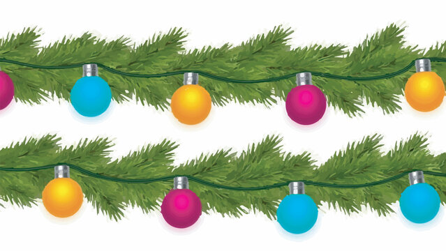Seamless horizontal vector border of fir pine tree branches with colorful holiday Christmas lights isolated