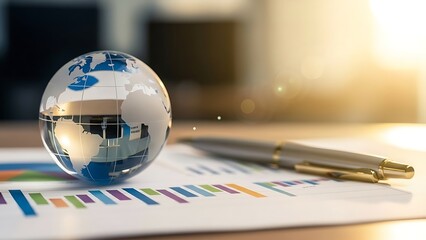 Glass globe on charts with pen for business and global market analysis