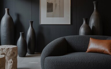 Moody Dark Interior with Modern Wall Art and Sculptural Decor