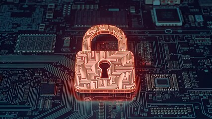 Digital security concept glowing padlock circuit board illustration - Powered by Adobe