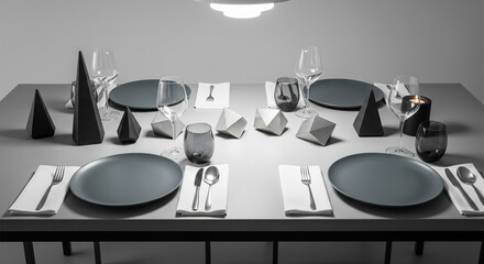 A stark, monochrome, and minimalist shot of a modern dining table setting for two, featuring grey plates, sleek silverware, and geometric, abstract black and white decorative objects (pyramids and pol