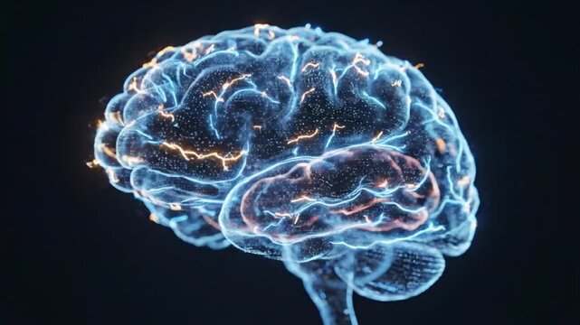 A futuristic digital visualization of human brain activity with glowing neural networks firing electrical impulses, representing advanced neuroscience and artificial intelligence