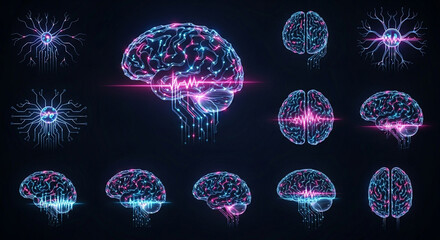 Stunning collection of glowing digital brains showing neural network activity and complex intelligence processing in dark space