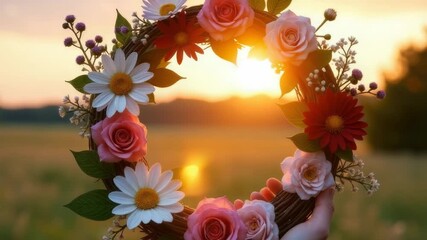 Video A person holding a beautiful wreath of flowers in a natural setting