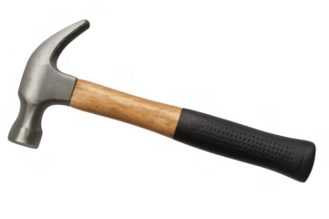 Claw hammer with wooden and rubber grip, essential tool for carpentry, construction projects, and home diy repairs on transparent background