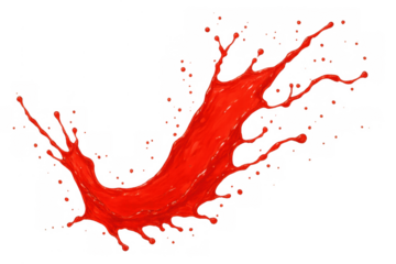 Red paint splash flying through air, creating dynamic splashes and liquid drops on a transparent background