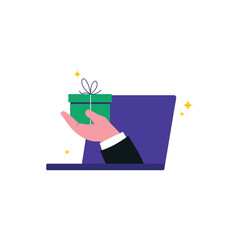 Hand Holding Gift Box from Laptop Screen Vector Illustration. Online Reward Concept Design