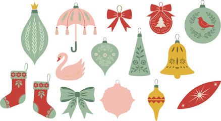 Vintage Christmas ornament illustration set, stylized holiday decorations, swan, bell, bird, stocking, umbrella, festive clipart bundle