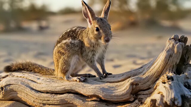 A small jerboa stands proudly on a piece of wood, its long ears perked up as it surveys its surroundings, capturing the gentle concept of exploration and discovery, perfect for illustrating.