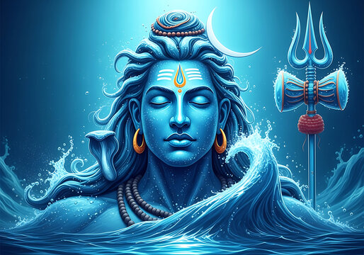 Blue Hindu deity Shiva emerging from ocean waves with trident 1