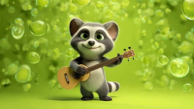 Cartoon raccoon playing ukulele cute animal character illustration for childrens books and educational materials