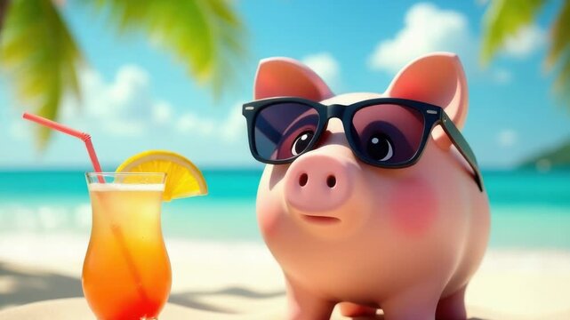 Video A pig relaxes on the beach wearing sunglasses, enjoying a drink
