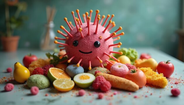 Cute pink microbe character sits among colorful fruits and vegetables. Germ represents food contamination. Health risk concept. Virus unsafe for consumption. Hygiene caution needed.