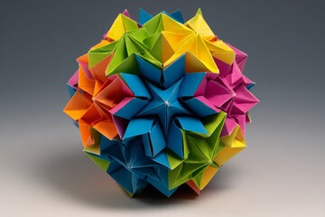 A vibrant and intricately designed origami kusudama ball, showcasing a variety of bright colors and complex geometric patterns, highlighting the art of paper folding.