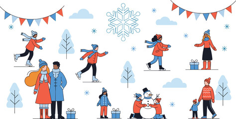 Winter holiday scene illustration, festive people activities, snowman, skating, gifts, bunting, snowflakes, seasonal celebration clipart bundle