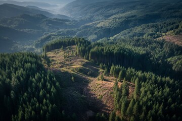 Aerial view of a lush green forest landscape with a cleared area, showcasing the contrast between nature and human impact, in a mountainous region.
