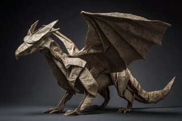 A striking origami dragon, meticulously folded with intricate details and a textured paper, presented against a simple, dark background for dramatic effect.