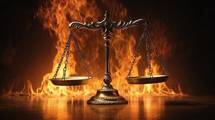 Dramatic antique bronze scales of justice teetering precariously against a backdrop of intense, flickering orange flames