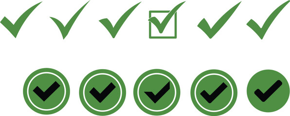 Green checkmark icons in various styles for approval and validation. Vector
