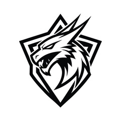 Dragon head mascot logo. Black and white vector illustration of a fierce fantasy beast inside a shield