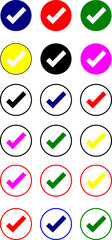 Check Mark Icon Set &ndash; Colorful Circle Tick Buttons in Flat and Outline Styles