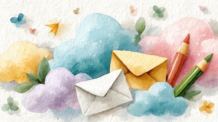 Colorful envelopes and crayons on soft clouds.