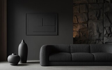 Moody Dark Interior with Modern Wall Art and Sculptural Decor