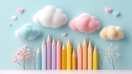 Colorful pencils with clouds and flowers.