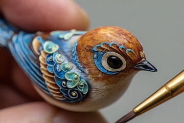 Close-up of a meticulously crafted miniature bird figure, highlighting intricate details and vibrant colors, enhanced by a delicate paintbrush.
