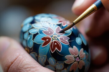 Close-up of hand painting intricate floral details on a decorative blue egg,using a fine brush to enhance the delicate design with precision and care.