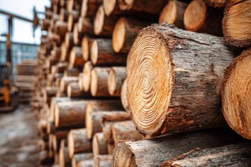 Pile of freshly cut tree logs, showcasing natural wood grain and textures, prepared for industrial processing and manufacturing applications, wood storage.