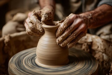 Close-up of potter's hands shaping a clay pot on a spinning wheel, showing the art and craft of pottery making in a traditional workshop environment.