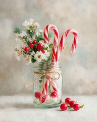 Candy canes and flowers in a festive jar.