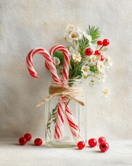 Festive jar with candy canes and flowers.