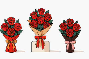 Set of Red Rose Bouquets Wrapped with Ribbons Romantic Floral Collection Love Celebration Concept