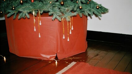 Dark Chirstmas Christmas tree base with decorations and a red skirt underneath.