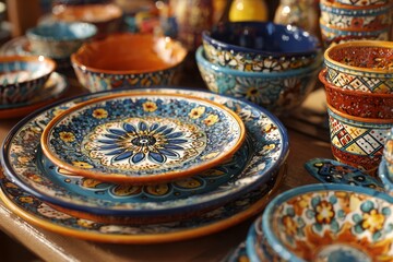A vibrant display of hand-painted ceramic tableware, including plates and bowls, showcasing intricate floral designs and rich, warm colors, perfect for home decor.