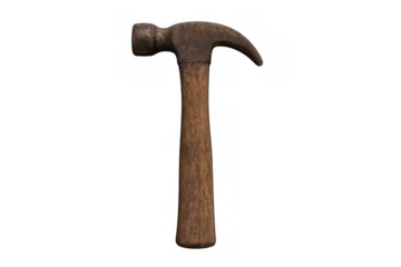 Rusty claw hammer with wooden handle on transparent background representing construction, diy, and repair work
