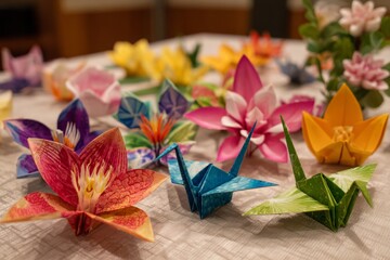 An artful display of origami paper flowers and cranes, showcasing vibrant colors and intricate designs on a textured surface, a delicate and creative composition.