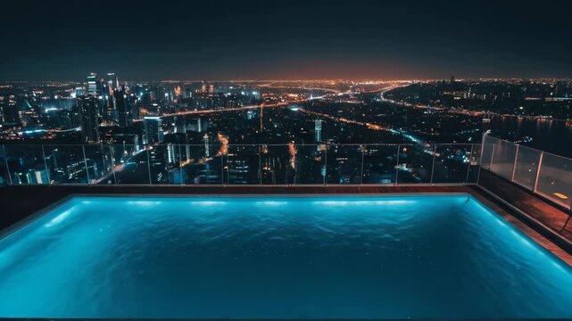 Video Nighttime cityscape with a swimming pool and urban landscape