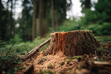 Fototapeta premium A beautiful view of a tree stump in a dense forest, surrounded by lush greenery, creating a serene and peaceful atmosphere with a sense of nature's tranquility.
