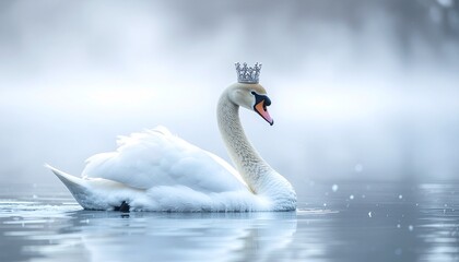 Fototapeta premium Enchanting royal swan with a crown swimming on a misty lake