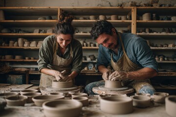 A couple crafting ceramic pottery on a spinning wheel in a rustic workshop, shaping clay with skillful hands, surrounded by shelves of finished pieces.