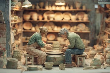 An elderly couple working together on a pottery wheel in a rustic studio, surrounded by shelves filled with finished ceramic pieces, creating art and sharing a passion