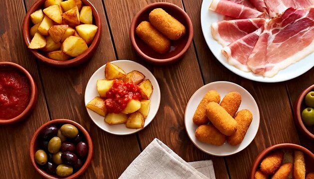 Small plates of food, potato dish, olives, cured meat, and fried snacks on a wooden table tapas, food spread.