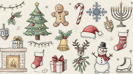 Hand drawn Christmas and Hanukkah holiday elements collection.