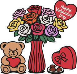 Valentines Day Roses in Vase with Heart Balloon Teddy Bear and Strawberry Cake Romantic Celebration Gift Set
