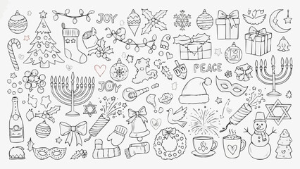 Hand Drawn Winter Holiday Doodles for Christmas and Hanukkah.