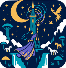 Fantasy Night Castle with Girl Reaching Crescent Moon, Magical Sky, Flying Birds and White Horses Landscape